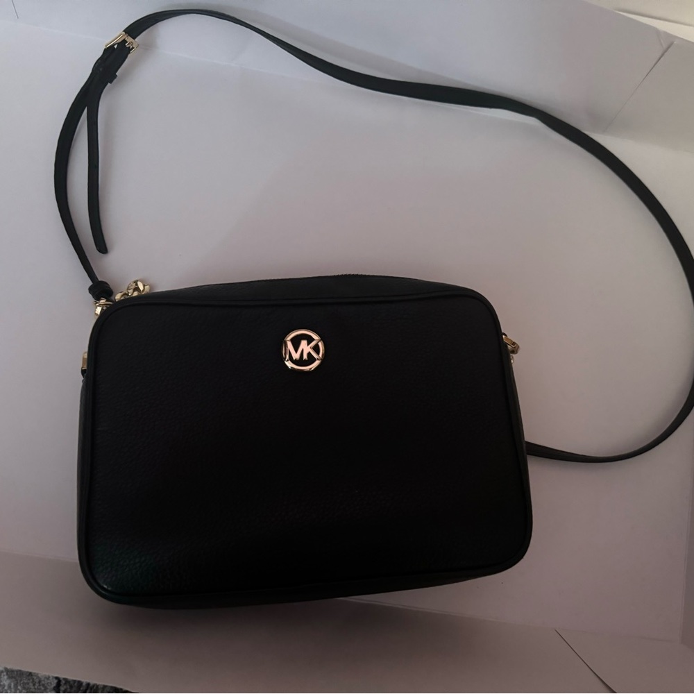 Black and Gold Genuine Pebbled Leather MK Crossbody